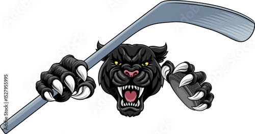 Black panther leopard or jaguar cat hockey sports team mascot holding an ice hockey puck and stick