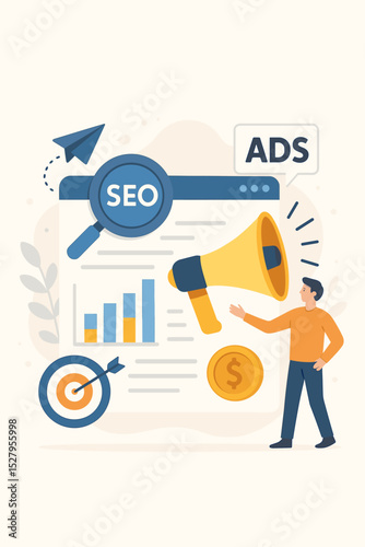 Digital marketing strategy with SEO, paid advertising, and data analysis. Concept of online promotion, business growth and targeting audience. Man with megaphone vector illustration.