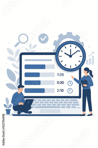 Time management concept with business team. Project management, task scheduling, workflow optimization. Manager pointing at laptop with progress chart and clock for meeting deadlines.