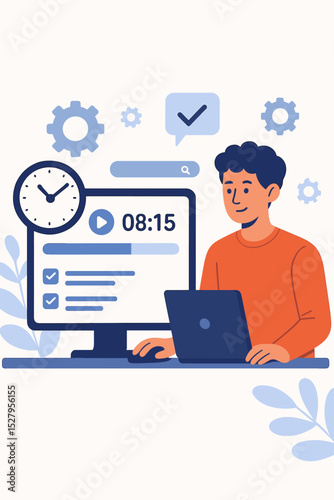 Efficient work management concept. Man at computer with checklist and clock. Time management, productivity, and business planning vector illustration. Task organization and workflow.