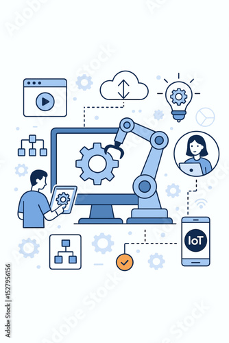 Smart industry 4.0 automation concept. Robotic arm, engineer, and IoT technology. Artificial intelligence, cloud computing, and workflow for digital manufacturing. Process vector.
