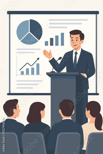 Business presentation concept. Manager or coach giving a speech at a conference. Speaker at a podium pointing to a screen with charts, graphs, and data for business growth.