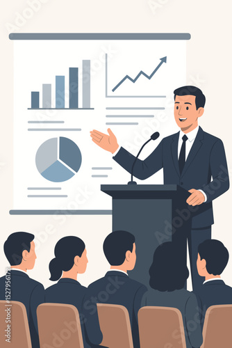Business presentation scene with a speaker at a podium and an audience. Corporate conference or seminar concept with a presenter showing data analysis on a screen with charts and graphs.