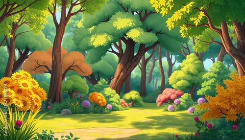 Vibrant cartoon forest glade, lush trees & bushes, sunny spring/summer day Ideal for animation or game backgrounds,  flat,  shadow