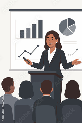 Businesswoman giving presentation at conference. Female speaker at lectern with charts and graphs. Corporate training seminar with audience. Business meeting and public speaking.