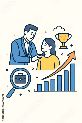 Mentorship for career growth concept. Business mentor coaching employee. Professional development, guidance and support for success. Job opportunity and achievement vector illustration.