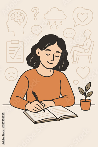 Therapeutic journaling for mental health and self-care. Woman writing in a diary for mindfulness, personal growth. Psychology concept with icons for stress, therapy, emotions.