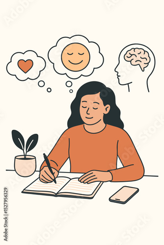 Therapeutic journaling for mental health, self-care and positive thinking. Woman writing in diary. Psychology, mindfulness, and emotional well-being concept. Brain health illustration.