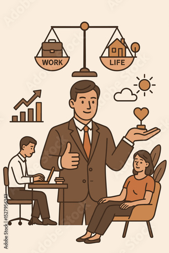 Work life balance vector concept illustration. Ethical leadership and supportive manager creating a healthy corporate culture for employee wellbeing, harmony and job satisfaction.