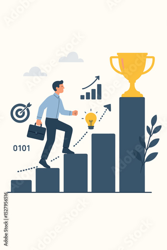 Businessman climbing career ladder stairs to success. Business development concept with trophy, goal, and growth graph. Digital pathway to achievement and professional progress.