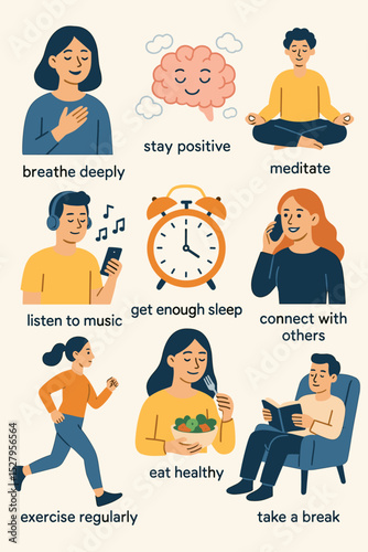 Wellbeing and self-care tips infographic. Healthy lifestyle habits for mental health, stress relief and balance. Meditate, exercise, sleep, eat healthy. Vector illustration set.