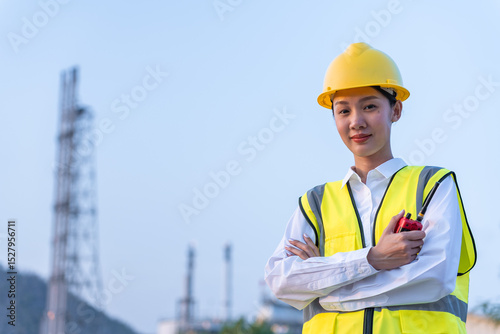Beautiful Asian woman petrochemical engineer standing with arms crossed with petroleum oil refinery in industrial estate background. Worker woman engineer at power plant energy industry manufacturing.