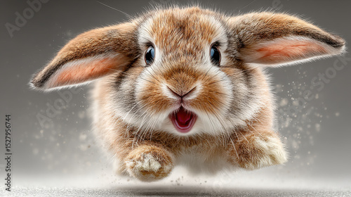 Cute bunny jumping joyfully with happy expression, showcasing its fluffy fur and large ears, isolated against soft background. This captures essence of playfulness and energy