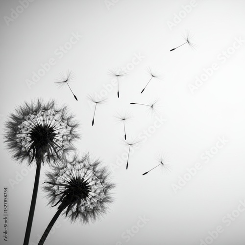 Black and White Dandelion Seeds Floating Away on a Windless Day:  Nature's Gentle Farewell to Summer
