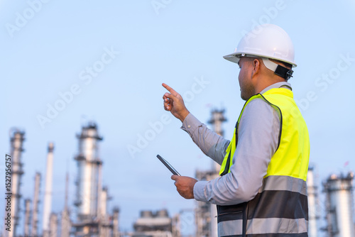 Happy handsome Asian man petrochemical engineer using walkie talkie with petroleum oil refinery in industrial estate background. Engineers at industry manufacturing.