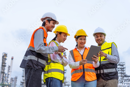 Happy diverse group of petrochemical engineers working together with digital tablet with petroleum oil refinery in industrial estate background. Engineers at power plant energy industry manufacturing.
