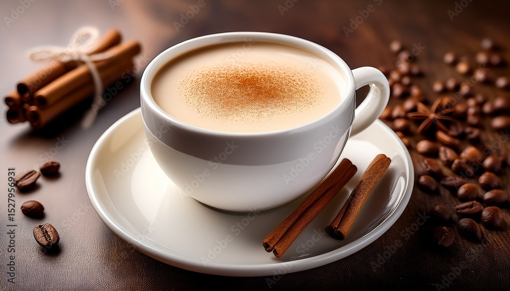 creamy coffee with cinnamon garnish in a white ceramic cup on a saucer creamy coffee with cinnamon garnish in a white ceramic cup on a saucer
