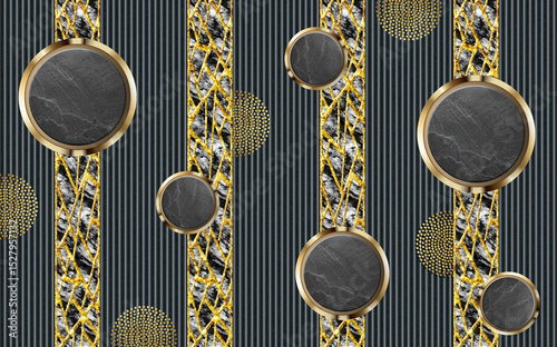 Fototapeta Naklejka Na Ścianę i Meble -  Abstract wallpaper art. golden decorative and black marble and lines in dark background
