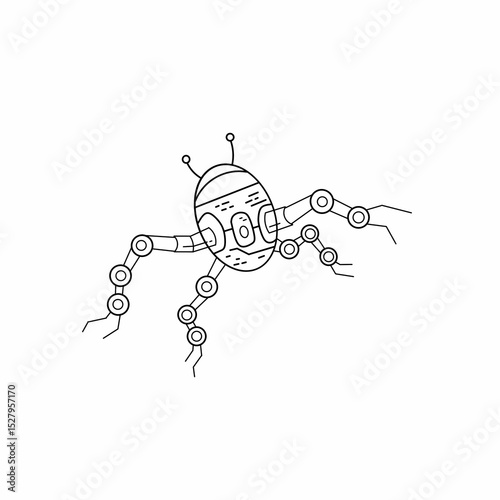 A minimalist black and white line art drawing of a nanorobotic insect-like drone or bug. This illustration represents futuristic technology, nanotechnology, and the concept of artificial intelligence 