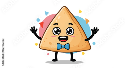 Cute Cartoon Nacho Chip Character with Bow Tie and Confetti Background

