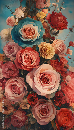 Vintage Watercolor Floral Arrangement With Roses And Carnations