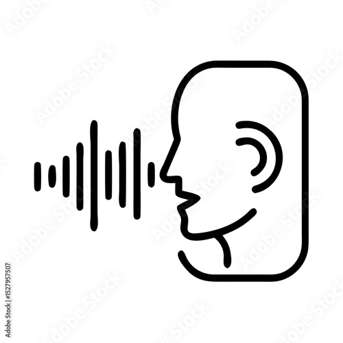 Outline of a human profile speaking with sound waves, representing voice recognition, AI commands, and smart communication.
