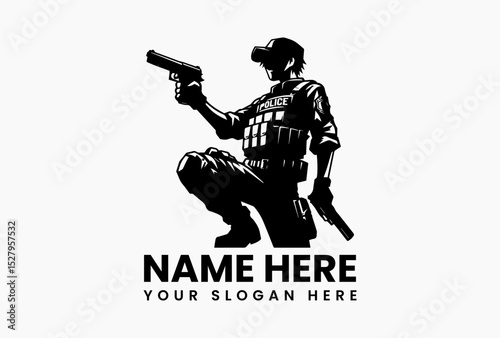 Silhouette of police officer holding firearm in uniform with serious expression
