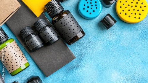 Essential Oil Bottles: A colorful, eye-level shot showcases several essential oil bottles, each unique, on a vibrant backdrop with colorful accessories, suggesting health and wellness.