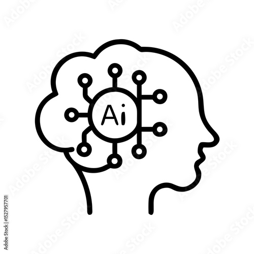 Line icon of a human head with AI chip embedded in the brain, representing artificial intelligence and machine learning integration.

