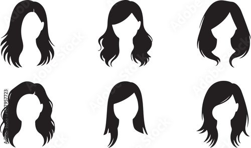 Hair Style Silhouette Collection with Wavy Long Cuts for Women Beauty Art Design