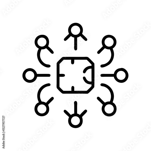 Outline icon showing multiple human figures connected to a central AI chip, representing collaborative intelligence and networked technology.
