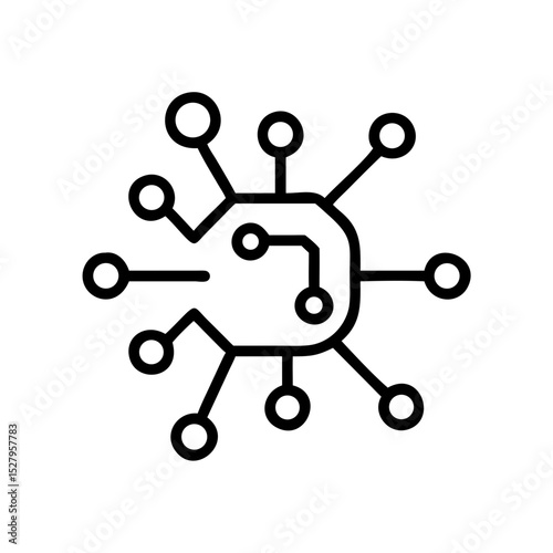 Minimal circuit chip icon with connected nodes, symbolizing digital networks, computing systems, and microprocessor technology.
