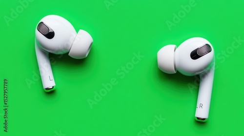 Wireless Earbuds on Green: Modern, minimalist wireless earbuds rest on a vivid green surface, showcasing a sleek design that embodies the intersection of technology and aesthetic appeal.