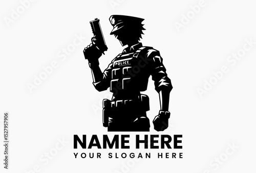 Silhouette of police officer holding firearm in uniform with serious expression
