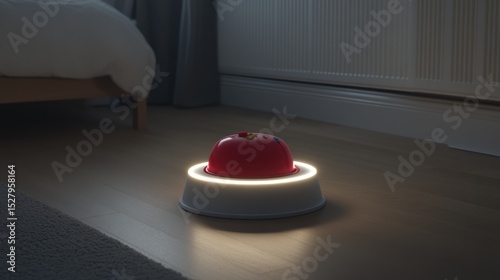 Red Apple on Smart Device: A vibrant red apple rests gently on a sleek, illuminated smart device, creating a scene of modern technology meeting nature's simplicity in a minimalist home setting.