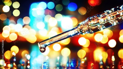 Dropper Laboratory Scene: A close-up shot captures a glass dropper with a droplet poised to fall, set against a bokeh background of colorful lights, suggesting a science laboratory setting.