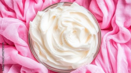 Delicate Creamy Delight: A close-up view reveals a bowl brimming with a swirl of luxurious, creamy texture, the backdrop of soft pink fabric enhances its gentle appeal. 