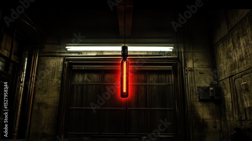 Red Neon Light in Garage: A single, vertically oriented red neon light hangs in a dimly lit garage, casting a dramatic glow against the dark wooden doors and aged walls.