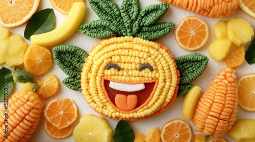 Playful Fruit Art: A whimsical and colorful arrangement of fresh fruit pieces, playfully crafted into a smiling face, celebrating healthy eating and vibrant, joyful moments.