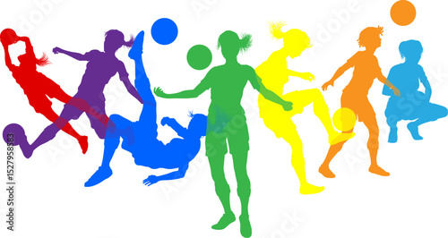 Silhouette women soccer female football player set. Active sports people healthy players fitness silhouettes concept.