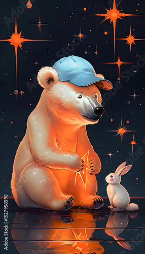 Whimsical Polar Bear and Rabbit in Cosmic Nightscape