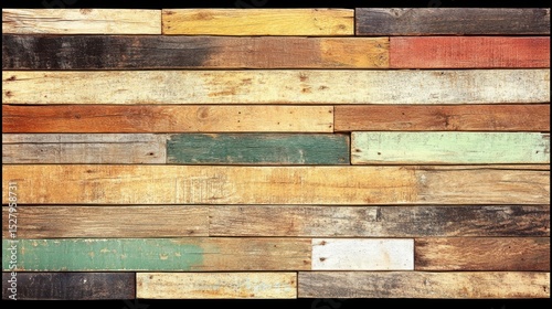 Colorful Reclaimed Wood Wall: A meticulously arranged display of aged, multi-hued wooden planks forms an eye-catching wall, showcasing the unique textures, knots.