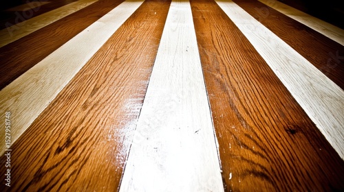 Striped Wooden Floor: A close-up perspective captures the detailed texture and polished sheen of a striped wooden floor, with alternating bands of light and dark wood.