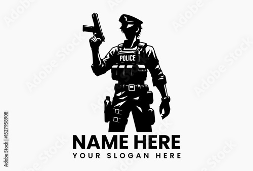 Stylized black silhouette vector logo of a police officer holding a firearm in a serious expression, representing law enforcement.