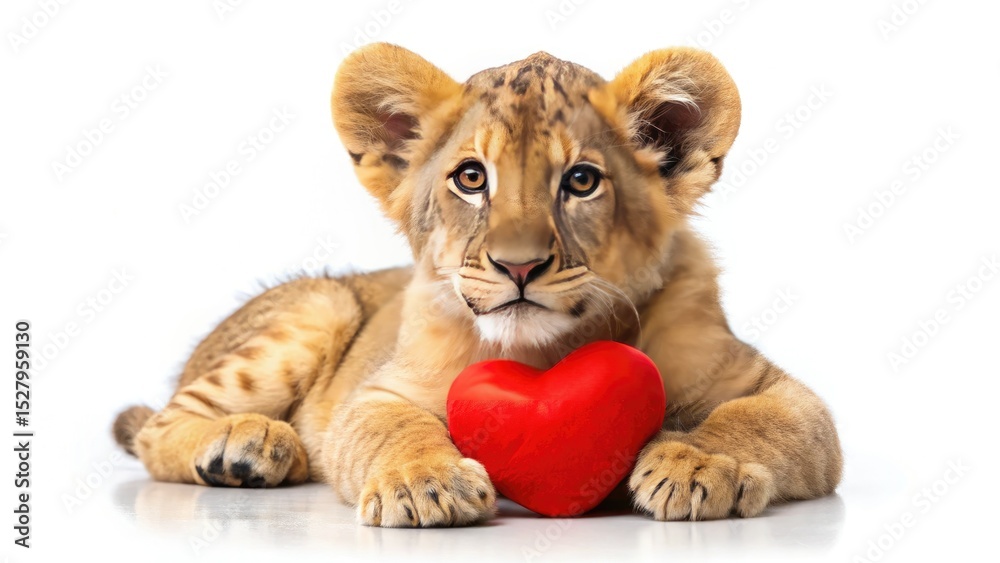 Obraz premium Long Exposure Lion Cub Red Heart Photography, Cute Wildlife Night Photo, Adorable Baby Lion Heart Shaped Light Trails, Magical Animal Portrait
