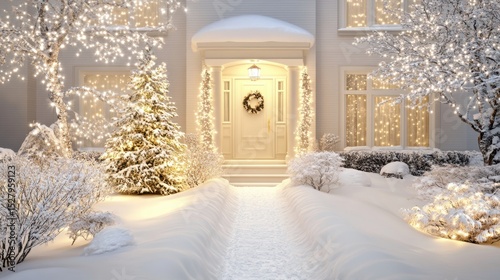 Winter Wonderland Entrance: A charming house entrance is beautifully decorated for the winter holidays, with twinkling lights, a snowy landscape, and a festive wreath.