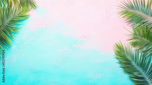 Tropical Paradise: Lush palm leaves frame a dreamy vista of serene, softly textured aqua and rose hues, inviting viewers to an imaginary tropical escape. 