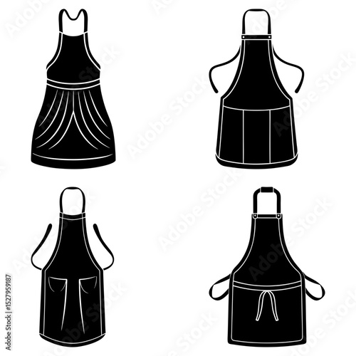 Four different styles of aprons in black and white showcase design variations and utility apparel items