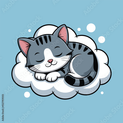 Cute cartoon cat sleeping on cloud vector illustration isolated on white background