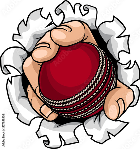 A strong hand holding a cricket ball tearing through the background. Sports graphic